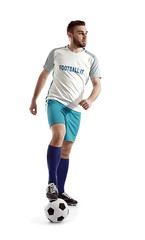 Young man playing football on white background