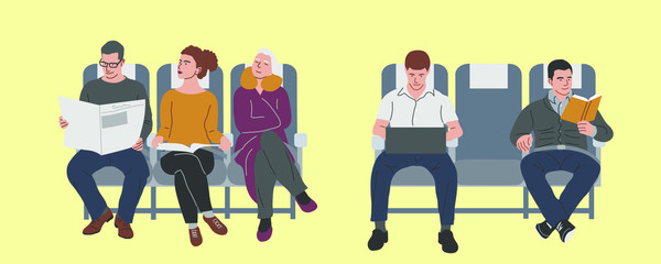 A group of passengers in the cabin. Flat vector illustration.