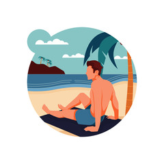 vector illustration of male character sitting on the beach, flat design concept
