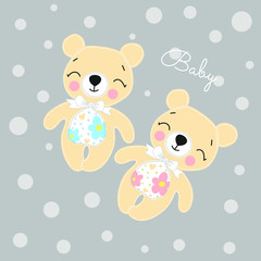 two happy sleeping baby bears, a boy and a girl, sewn from felt on a gray background with snowflakes