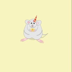
gray rat with a gift and a holiday hat holds cheese