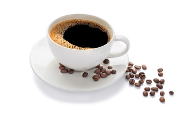 Close up of Hot fresh black coffee (espresso or cappuccino) with milk foam for breakfast menu in white ceramic cup with saucer and coffee beans roasted isolated on white background with clipping path.