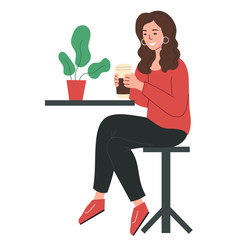 the girl drinks coffee from a plastic Cup with a lid sitting at a table in a cafe. Vector flat illustration.