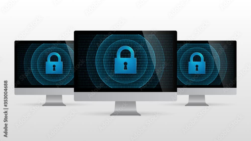 Poster computer device is locked for protection. realistic desktop monitor with lock symbol in screen and l