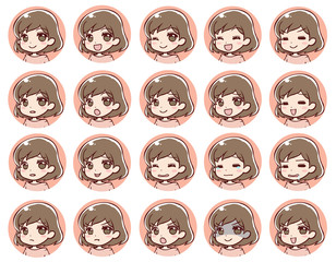 アニメ調の可愛い女性の色々な表情の顔アイコンセット