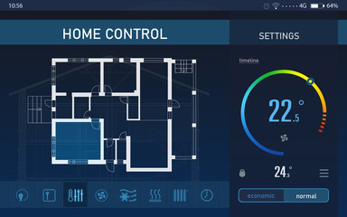 Energy efficiency home control system. Application displaying house plan, indoor temperature and other settings