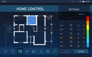 Fototapeta premium Energy efficiency home control system. Application displaying different settings and house plan