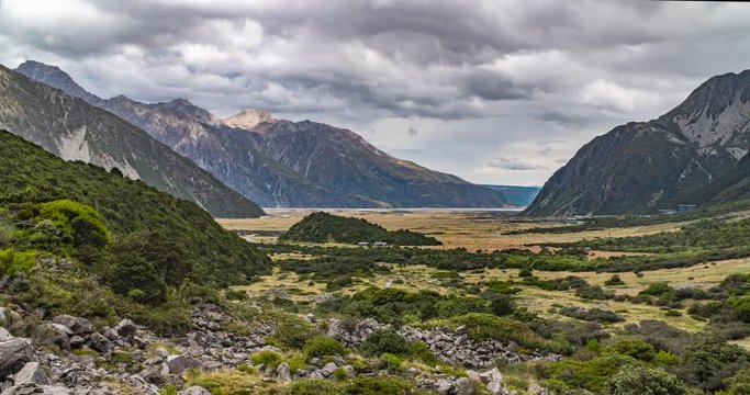 oraki / Mount Cook, New Zealand. Time lapse facing Mount Cook Village on a cloudy rainy day. Includes 2 versions - stationary, and digital zoom out using full resolution of the image.