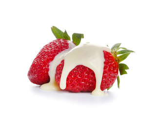 Tasty strawberry with melted chocolate on white background