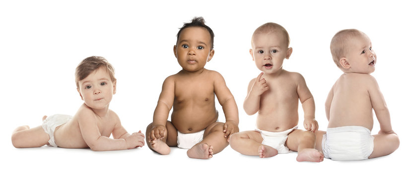 Collage with photos of cute babies in diapers on white background. Banner design