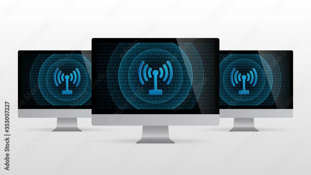 Poster computer device with wireless connection. realistic desktop monitor with signal symbol in screen and