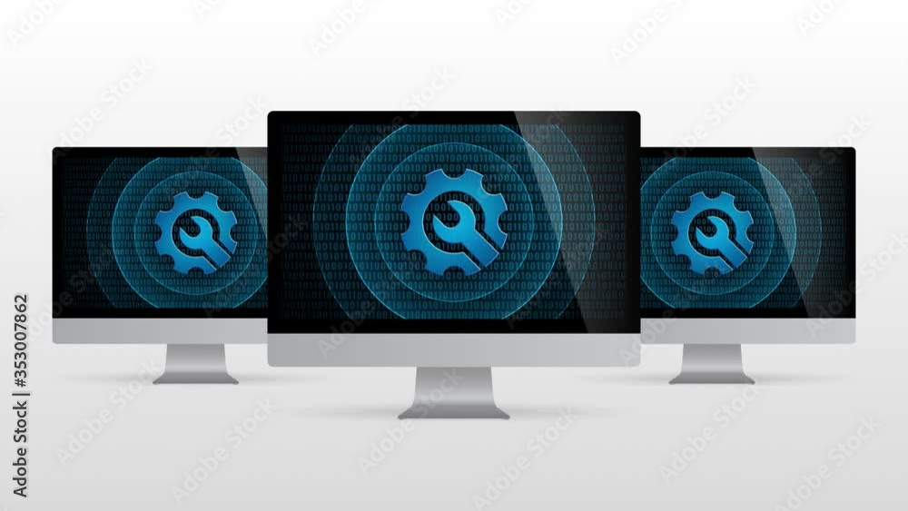 Poster computer device with repair tool. realistic desktop monitor with tool symbol in screen and light gra