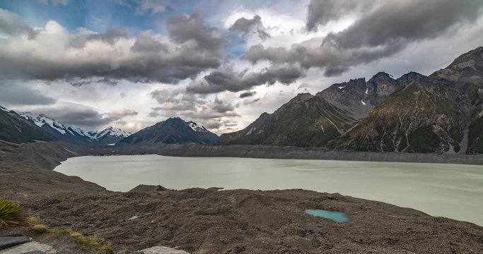Aoraki / Mount Cook, New Zealand. Time lapse from Tasman Glacier Viewpoint facing the lake and glacier. Includes 5 clips - ultra wide stationary, tight stationary, tight zoom out, wide zoom out, pan. 