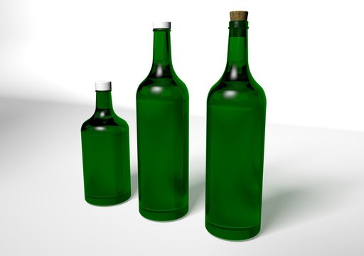 Mockup 3D render green wine bottles different sizes