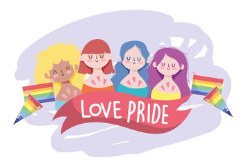 Fototapeta premium Girls cartoons with lgtbi flags and love pride ribbon vector design
