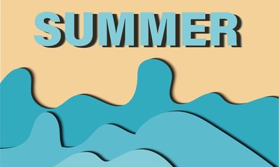 Hello Summer Paper Cut Design. Blue Wave, Beach, Seaside Paper Cut. Vector Design. 