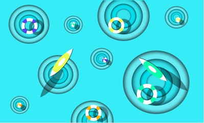 Surfboards, Swim Rings, Beach Balls on Water Ripple Concept. Hello Summer Vector Design.