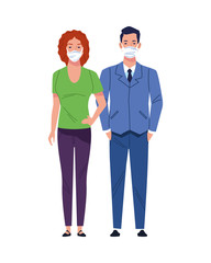 business couple using medical masks characters