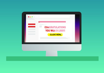 Cyber security concept flat vector. Phishing email containing "Congratulations. You have won $1000"
