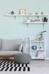Interior of modern room with shelves and sofa