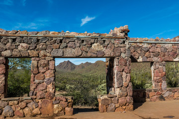 Framed View of The Sonaron Desert and Tuscon Mountains Through Window of The Bowen Stone Homestead Ruins, Tuscon Mountain Park, Tuscon, Arizona, USA