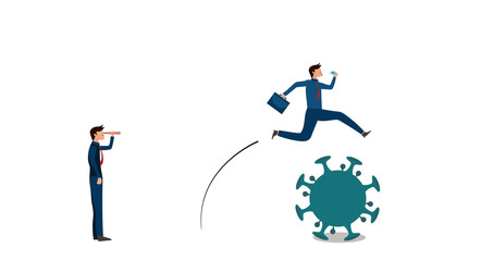 Businessmen carrying office bags and mask are jumping over the coronavirus,another one standing and  looking