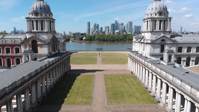 Close Aerial Footage of The Old Royal Naval College in Greenwich. Showing Detail of the Courtyard and Grounds.
