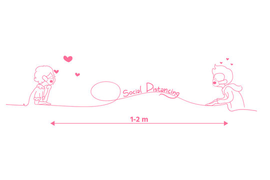 New normal lifestyle concept,After Corona virus outbreak,Social distancing lettering isolate on white background,couple wearing medical mask,Cute character,Pink cheek,vector illustration for graphic