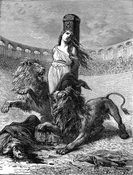 Holy Blandine delivered to the beasts. vintage illustration.