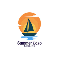 Simple minimalist warm sunset beach summer logo design template vector