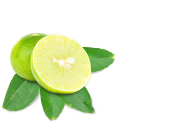 Lime with leaves isolated white background.