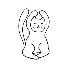 Adorable hand drawn cat sitting in yoga pose. Isolated on white background drawing for textile prints, child poster, cute stationery.