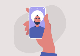 A portrait of a young indian male character on a mobile screen, millennial lifestyle, gadgets, online video call
