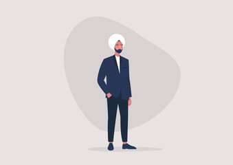 A full length illustration of a young indian male character wearing a formal business suit, millennial lifestyle, men fashion