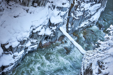 The mountain river in a frozen rocky canyon.