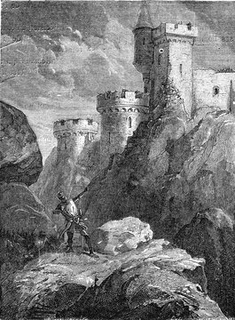 Richard I wounded to death at the headquarters of the castle of Chalus, vintage illustration.