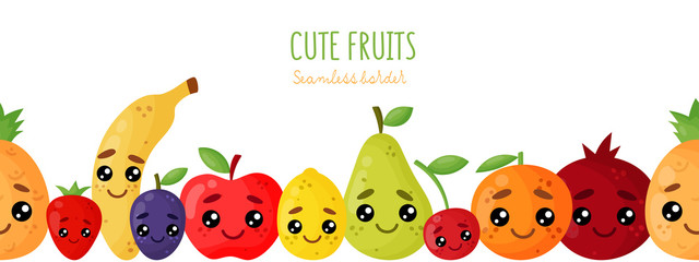 Emoji seamless border. Smiley emoticons fruits and berries: orange, lemon, pineapple, apple, pear, plum, strawberry, cherry, banana, pomegranate. Isolated vector illustration with different character