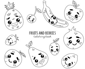 Emoji set. Smiley emoticons fruits and berries: orange, lemon, pineapple, apple, pear, plum, strawberry, cherry, banana, garnet. Isolated vector illustration in black and white style.
