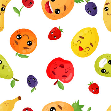 Seamless emoji pattern. Smiley emoticons fruits and berries: orange, lemon, pineapple, apple, pear, plum, strawberries, cherries. Isolated vector illustration with a different character.