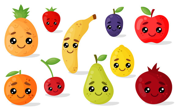 Emoji set. Smiley emoticons fruits and berries: orange, lemon, pineapple, apple, pear, plum, strawberry, cherry, banana, garnet. Isolated vector illustration with a different character.