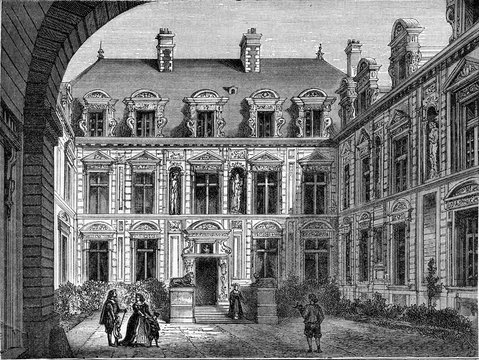 Sullis hotel street Saint-Antoine in Paris,1 vintage illustration.