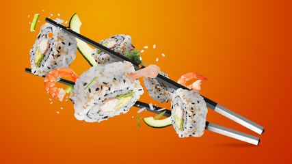 Chopsticks Flying sushi set  japan food  salmon tuna rice delicious