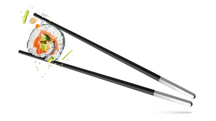 Chopsticks Flying sushi set  japan food sashimi salmon tuna rice delicious