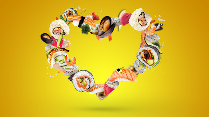 Flying sushi set love heart valentine japan food sashimi salmon tuna rice delicious