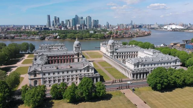 Stationary Aerial Shot of The Old Royal Naval College, Trinity College of Music and Greenwich University. Rare Footage, No People On Campus.