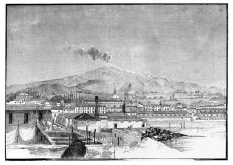 Etna view taken from Catania, vintage illustration. - obrazy, fototapety, plakaty