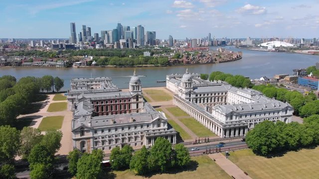 Aerial Orbit Showing The Grounds of The Old Royal Naval College a UNESCO World Heritage Site. Rare Footage With No People. Shot One, Anti Clockwise.