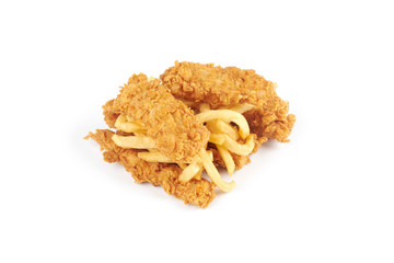 Fried chicken and french fries isolated on a white background