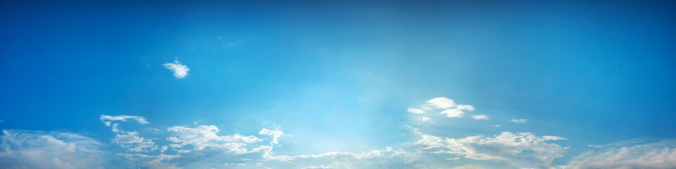 Blue sky panorama with cloud on a sunny day. Beautiful 180 degree panoramic image.