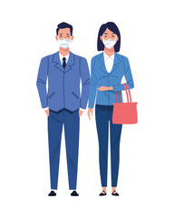 business couple using medical masks characters